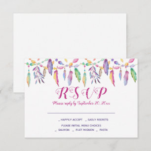 Boho RSVP Purple Wedding Feathers Native American Invitation