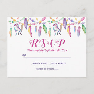 Boho RSVP Purple Wedding Feathers Native American Invitation Postcard