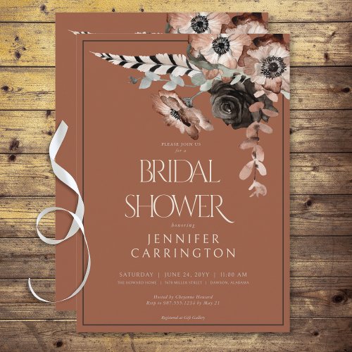 Boho Rust Black  White Flowers Bridal Shower Invitation