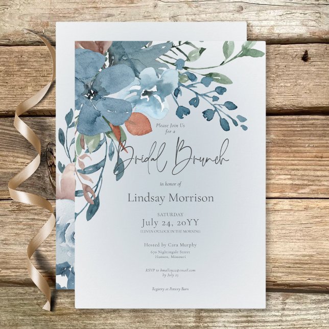Boho Rust & Blue Floral on White Bridal Brunch Invitation (Boho Rust & Blue Floral on White Bridal Brunch Invitation)
