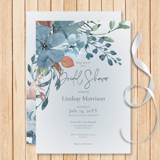 Boho Rust & Blue Floral on White Bridal Shower Invitation (Boho Rust & Blue Floral on White Bridal Shower Invitation)