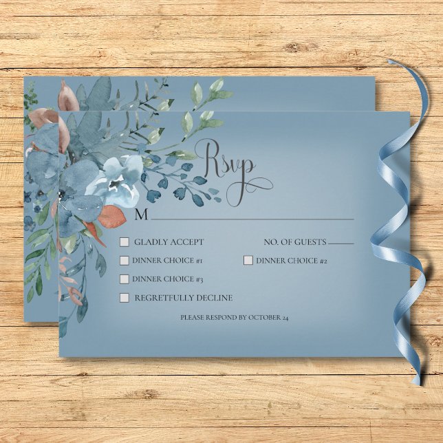 Boho Rust & Blue Floral Wedding Blue Dinner RSVP Card (Boho Rust & Blue Floral Wedding Blue Dinner RSVP Card)
