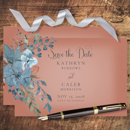 Boho Rust  Blue Floral Wedding Save The Date
