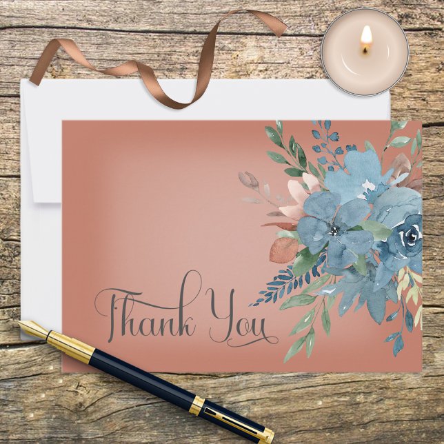 Boho Rust & Blue Floral Wedding Thank You Card (Creator Uploaded)
