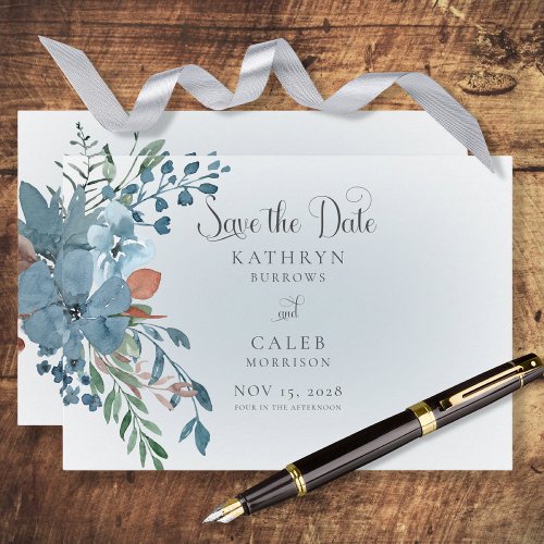 Boho Rust  Blue Floral White Wedding Save The Date