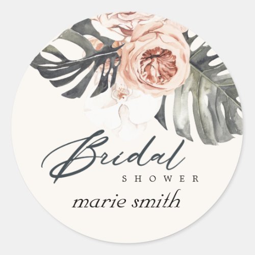 BOHO RUST BLUSH MONSTERA FLORAL BRIDAL SHOWER CLASSIC ROUND STICKER