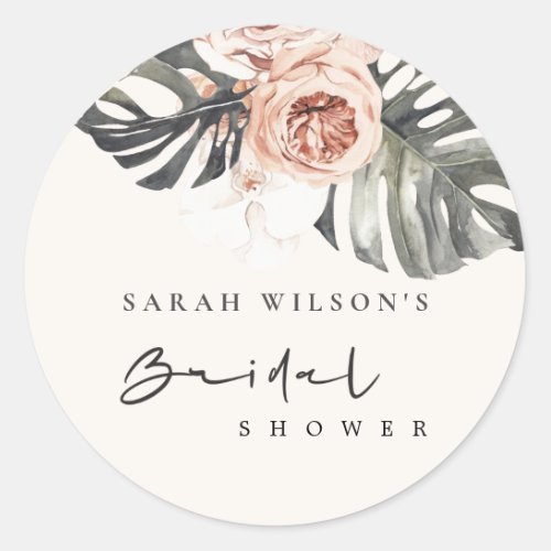 BOHO RUST BLUSH MONSTERA FLORAL BRIDAL SHOWER CLASSIC ROUND STICKER