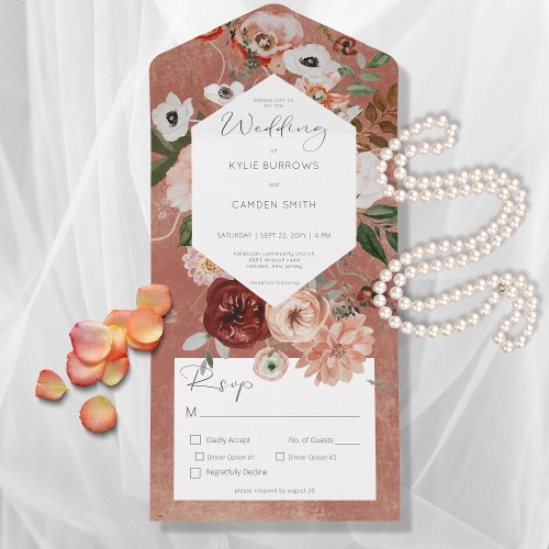 Boho Rust Burgundy Fall Floral Dinner All In One Invitation
