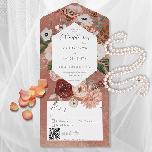 Boho Rust Burgundy Fall Floral QR Code All In One Invitation