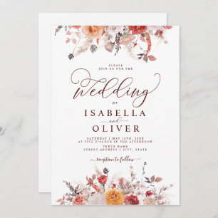 Boho Rust Burnt Orange Terracotta Marsala Wedding Invitation