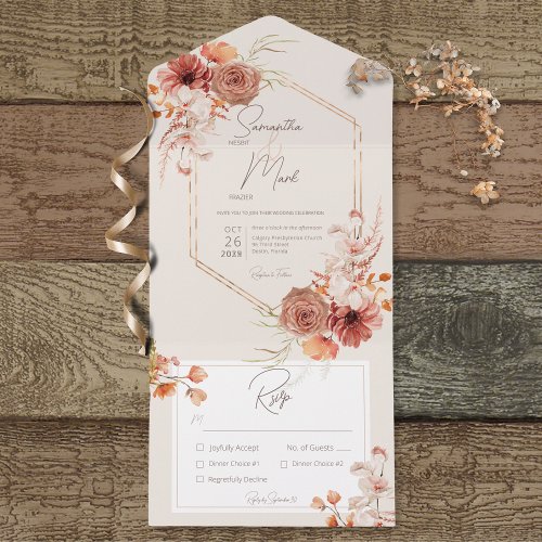Boho Rust Fall Floral on Cream Dinner All In One Invitation