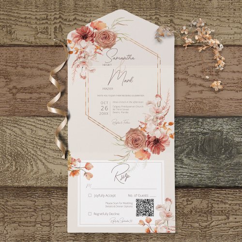 Boho Rust Fall Floral on Cream QR Code All In One Invitation