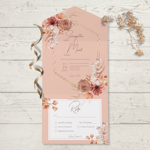 Boho Rust Fall Floral on Peach Dinner All In One Invitation