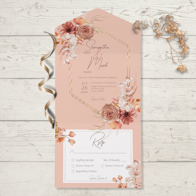 Boho Rust Fall Floral on Peach Dinner All In One Invitation (Creator Uploaded)