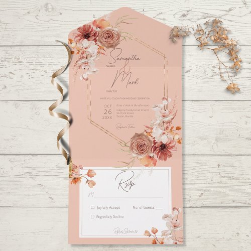 Boho Rust Fall Floral on Peach No Dinner All In One Invitation