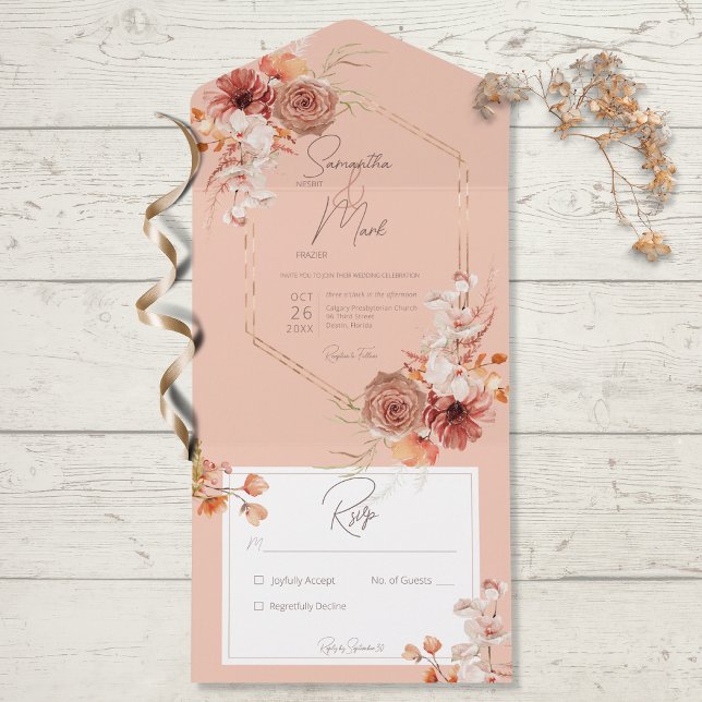 Boho Rust Fall Floral on Peach No Dinner All In One Invitation (Creator Uploaded)