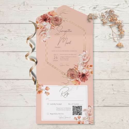Boho Rust Fall Floral on Peach QR Code All In One Invitation
