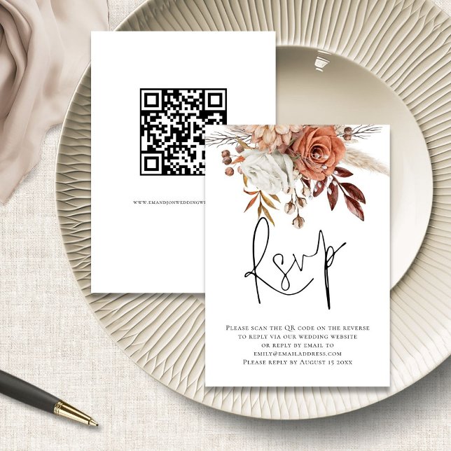 Boho Rust Florals Script QR Code Wedding RSVP card (front and back view)
