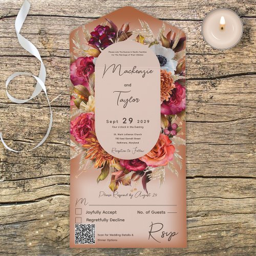 Boho Rust Modern Floral Wreath QR Code All In One Invitation