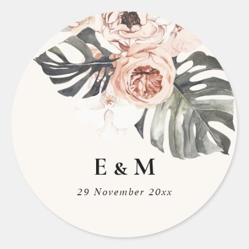 BOHO RUST MONSTERA PEONY FLORAL MONOGRAM WEDDING CLASSIC ROUND STICKER