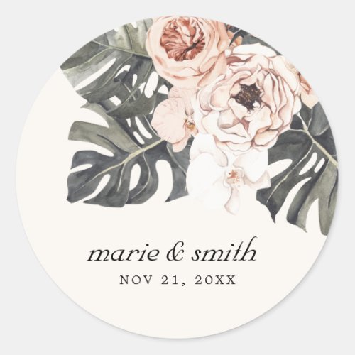 BOHO RUST MONSTERA WATERCOLOR FLORAL WEDDING  CLASSIC ROUND STICKER