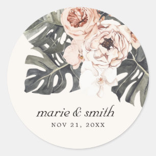 BOHO RUST MONSTERA WATERCOLOR FLORAL WEDDING CLASSIC ROUND STICKER