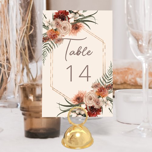 Boho Rust & Neutral Cream Fall Floral Wedding Table Number