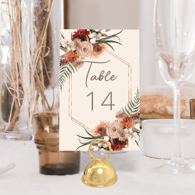 Boho Rust & Neutral Cream Fall Floral Wedding Table Number (Creator Uploaded)
