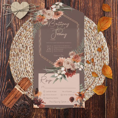 Boho Rust  Neutral Fall Floral Brown Dinner All In One Invitation