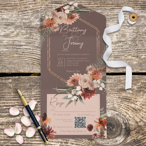 Boho Rust  Neutral Fall Floral Brown QR Code All In One Invitation