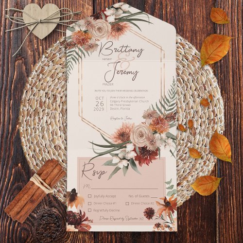 Boho Rust  Neutral Fall Floral Cream Dinner All In One Invitation