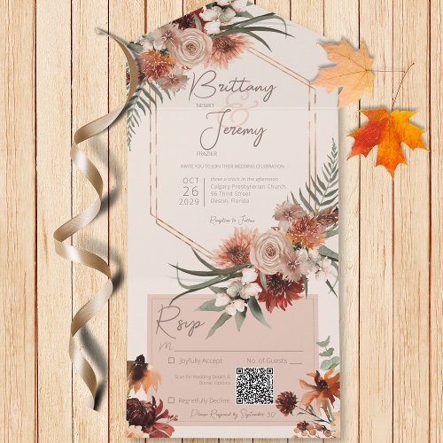 Boho Rust  Neutral Fall Floral Cream QR Code All In One Invitation