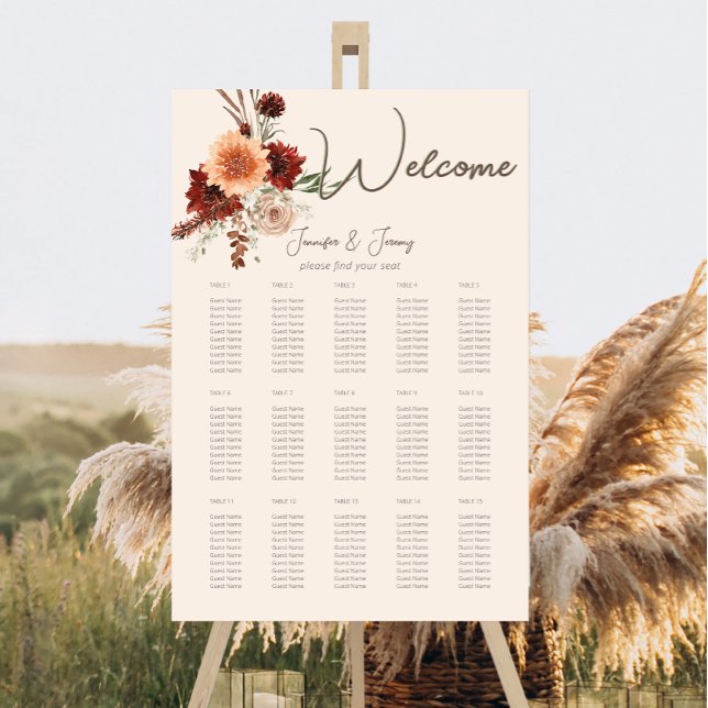 Boho Rust Neutral Fall Floral Cream Seating Chart Foam Board (Creator Uploaded)
