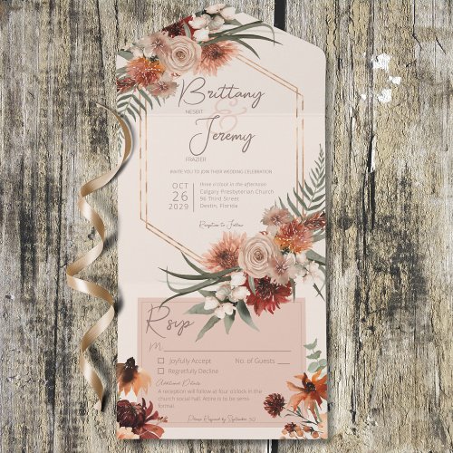Boho Rust  Neutral Fall Floral Cream w Details All In One Invitation