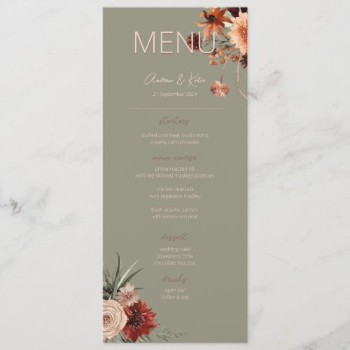 Boho Rust & Neutral Fall Floral Green Wedding II Menu