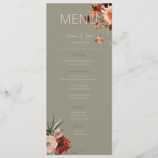 Boho Rust & Neutral Fall Floral Green Wedding II Menu (Front)