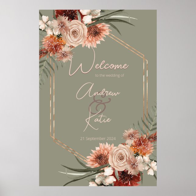 Boho Rust & Neutral Fall Floral Green Wedding II Poster (Front)