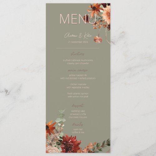 Boho Rust & Neutral Fall Floral Green Wedding III Menu