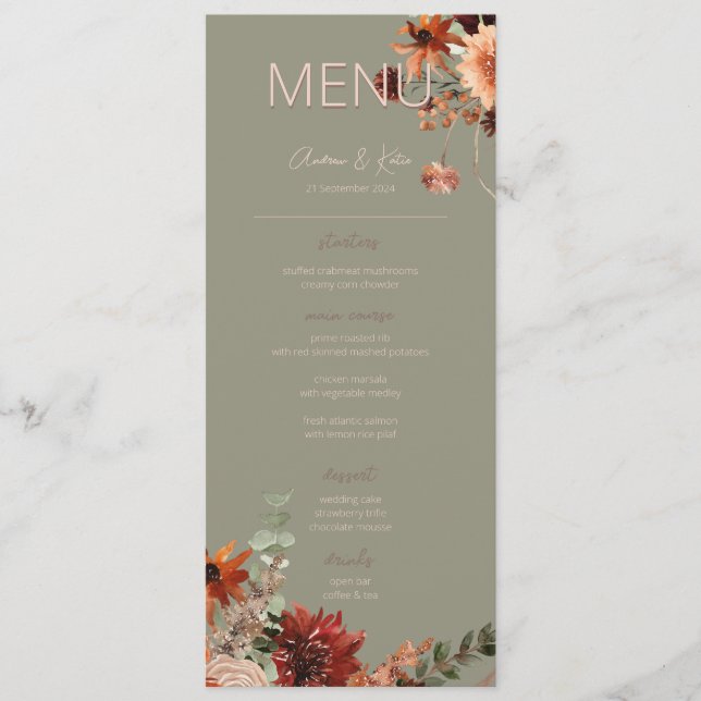 Boho Rust & Neutral Fall Floral Green Wedding III Menu (Front)