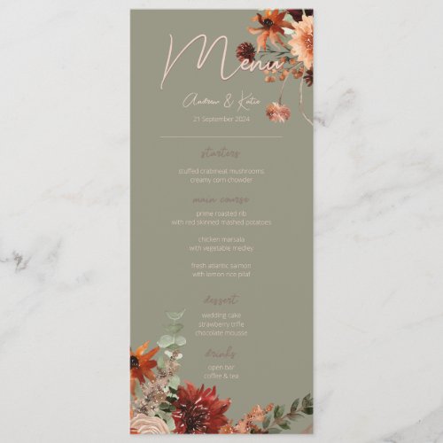Boho Rust & Neutral Fall Floral Green Wedding IV Menu