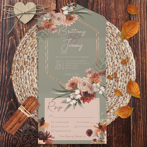 Boho Rust  Neutral Fall Floral Sage Green Dinner All In One Invitation