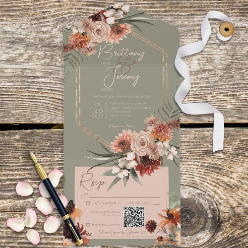 Boho Rust  Neutral Fall Floral Sage Green QR Code All In One Invitation