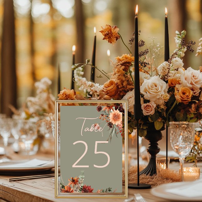 Boho Rust & Neutral Fall Floral Sage Green Table Number (Creator Uploaded)