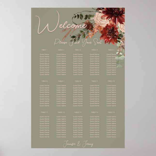 Boho Rust & Neutral Fall Floral Sage Green Wedding Poster (Front)
