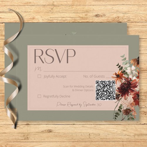 Boho Rust & Neutral Fall Floral Sage Green Wedding RSVP Card