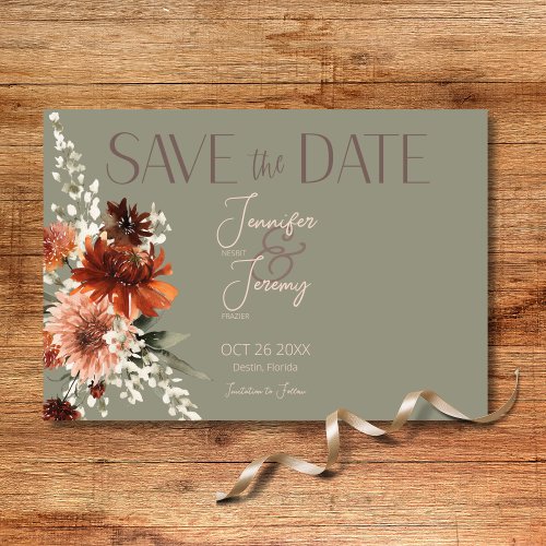 Boho Rust & Neutral Fall Floral Sage Green Wedding Save The Date