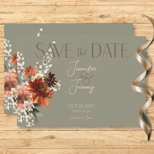 Boho Rust  Neutral Fall Floral Sage Green Wedding Save The Date