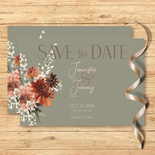 Boho Rust  Neutral Fall Floral Sage Green Wedding Save The Date
