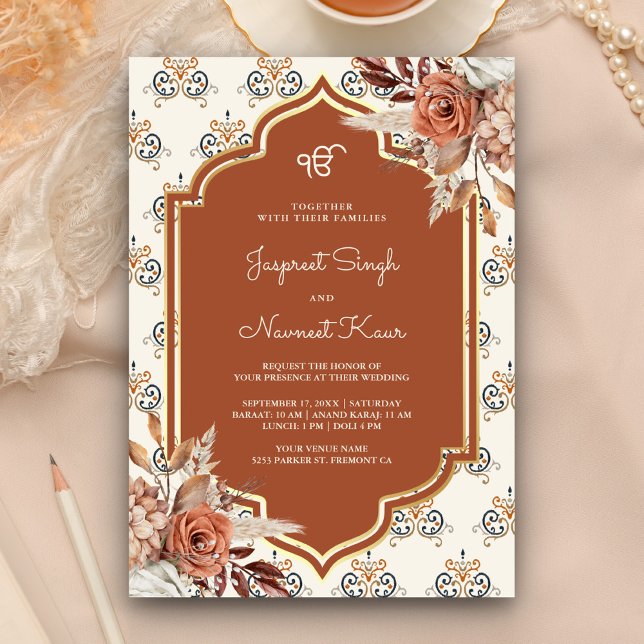 Boho Rust Orange Punjabi Anand Karaj Sikh Wedding Invitation (Creator Uploaded)