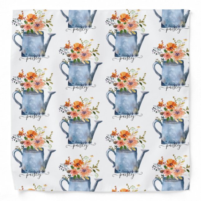 Boho Rust Orange Watercolor Flowers Watering Can Bandana (Front)
